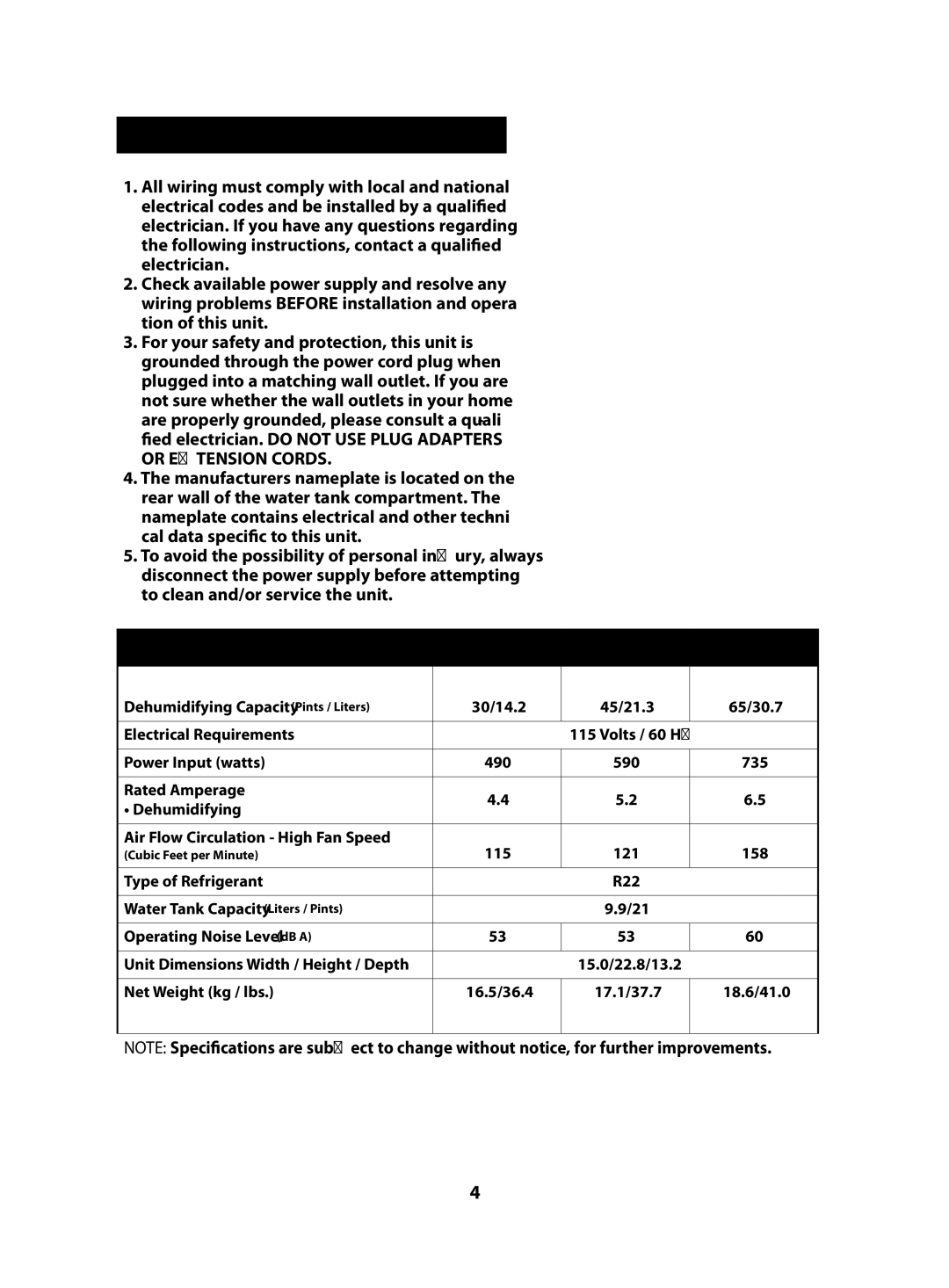 Danby DDR6588EE, DDR4588EE, DDR3008EE owner manual Electrical Speciﬁcations, Unit Speciﬁcations 