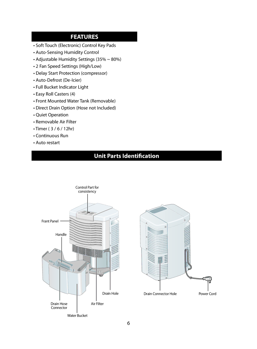 Danby DDR3008EE, DDR4588EE, DDR6588EE owner manual Features, Unit Parts Identiﬁcation 