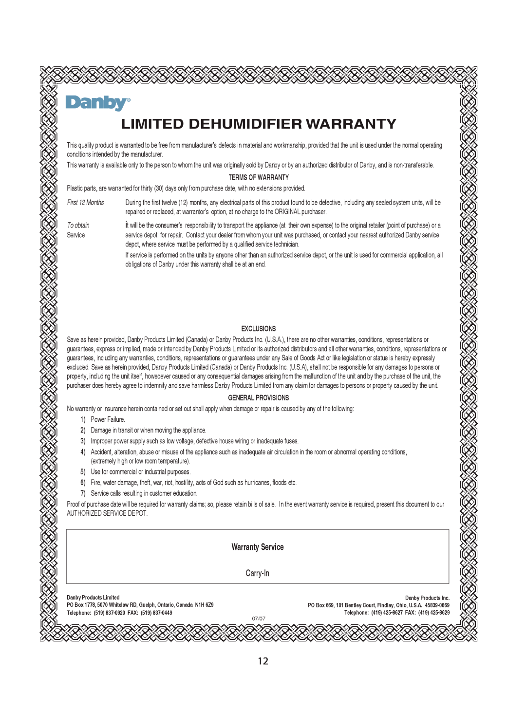 Danby DDR3008EE Limited Dehumidifier Warranty, Carry-In, Terms Of Warranty, First 12 Months, To obtain, Exclusions 
