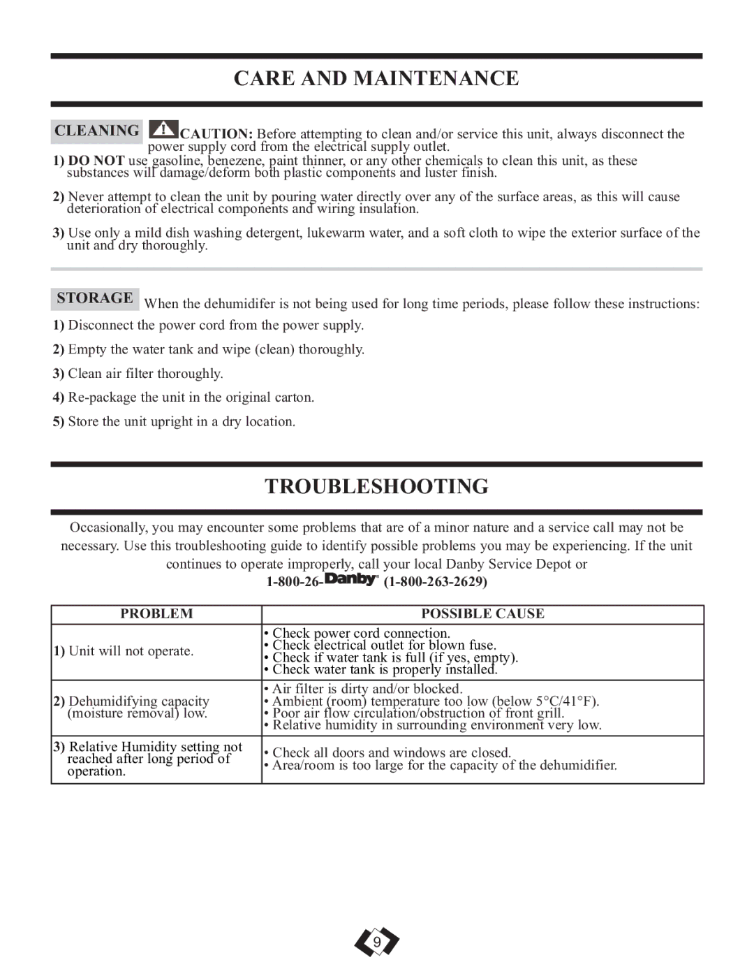 Danby DDR30E, DDR45E, DDR25E installation instructions Care and Maintenance, Troubleshooting, Problem Possible Cause 