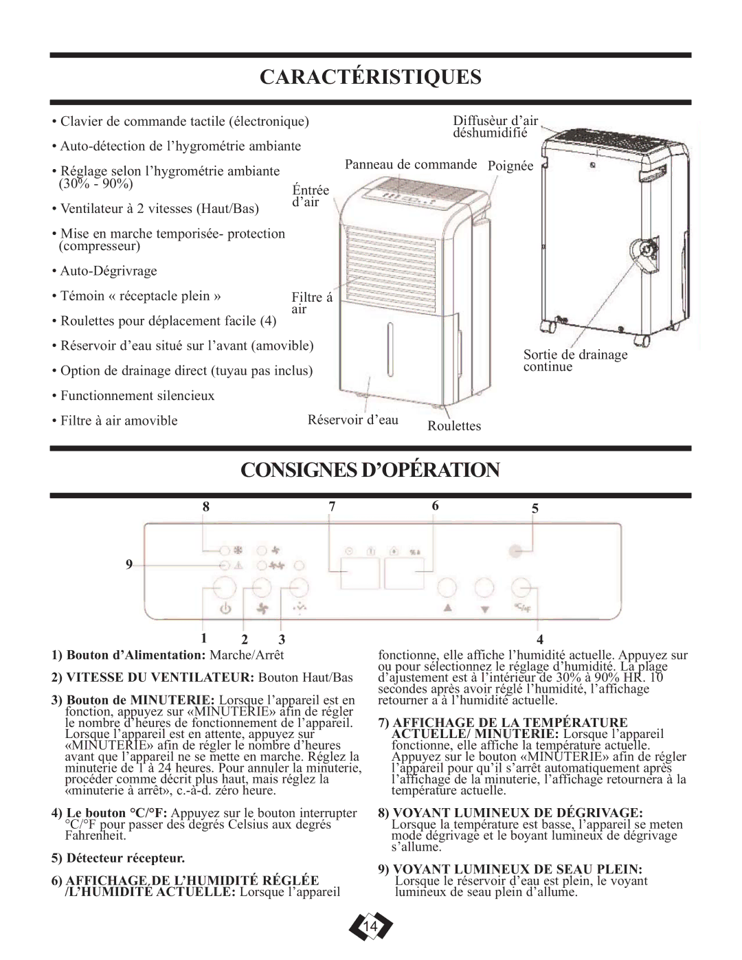 Danby DDR25E, DDR45E, DDR30E installation instructions Caractéristiques, Consignes D’OPÉRATION 