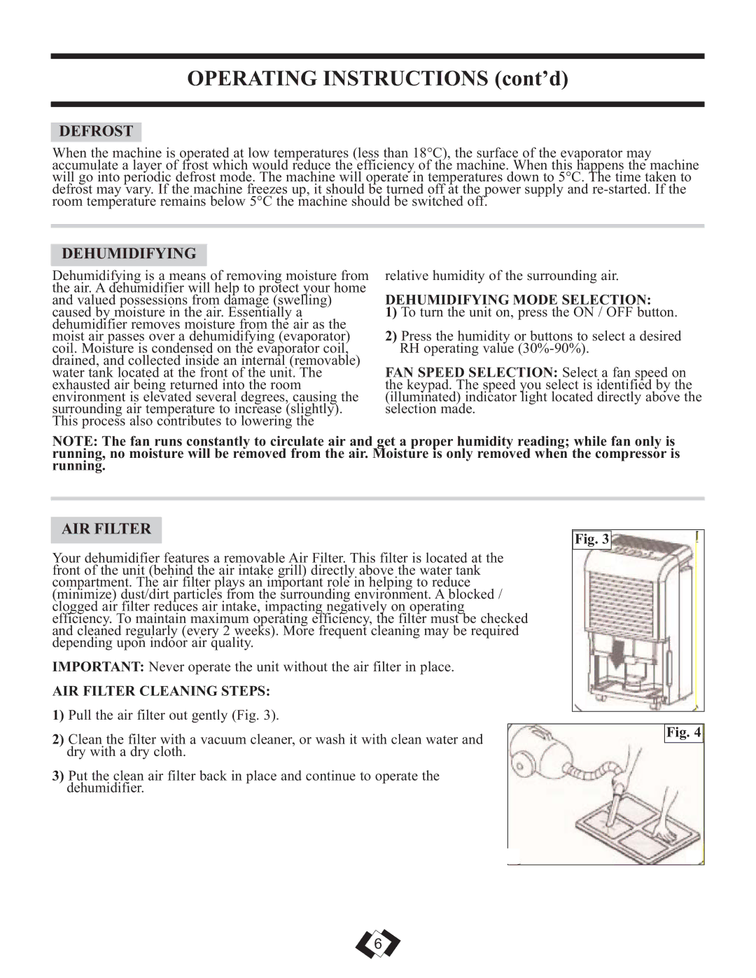 Danby DDR30E, DDR45E, DDR25E Defrost, Dehumidifying Mode Selection, AIR Filter Cleaning Steps 