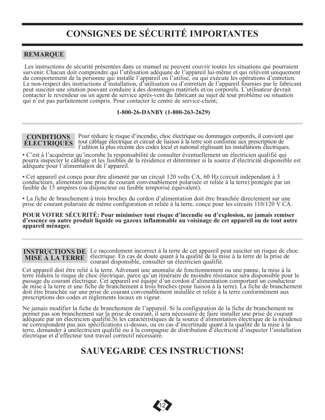 Danby DDR5009REE Consignes DE Sécurité Importantes, Sauvegarde CES Instructions, Remarque, Conditions, Électriques 