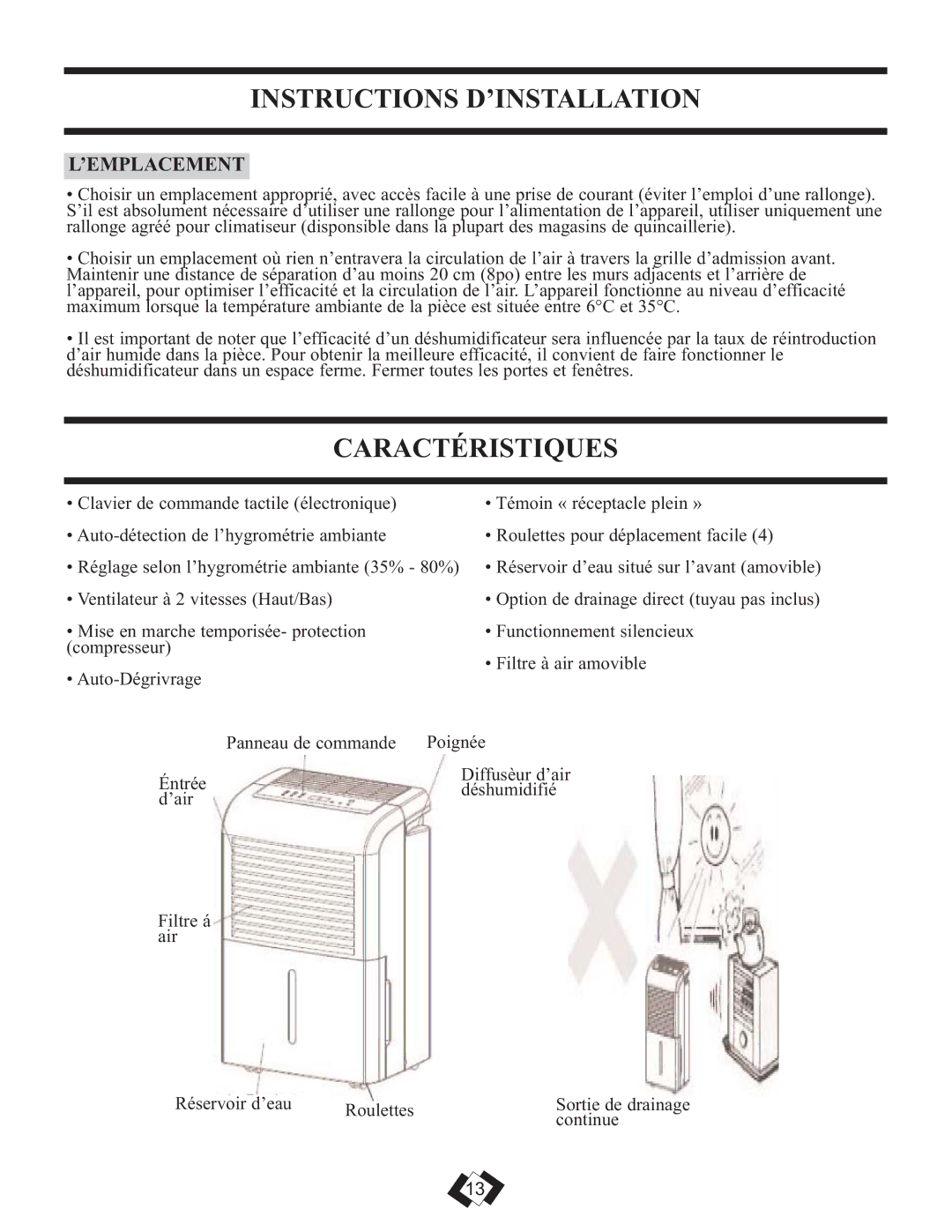 Danby DDR6009REE, DDR5009REE, DDR7009REE Instructions D’INSTALLATION, Caractéristiques, ’Emplacement 