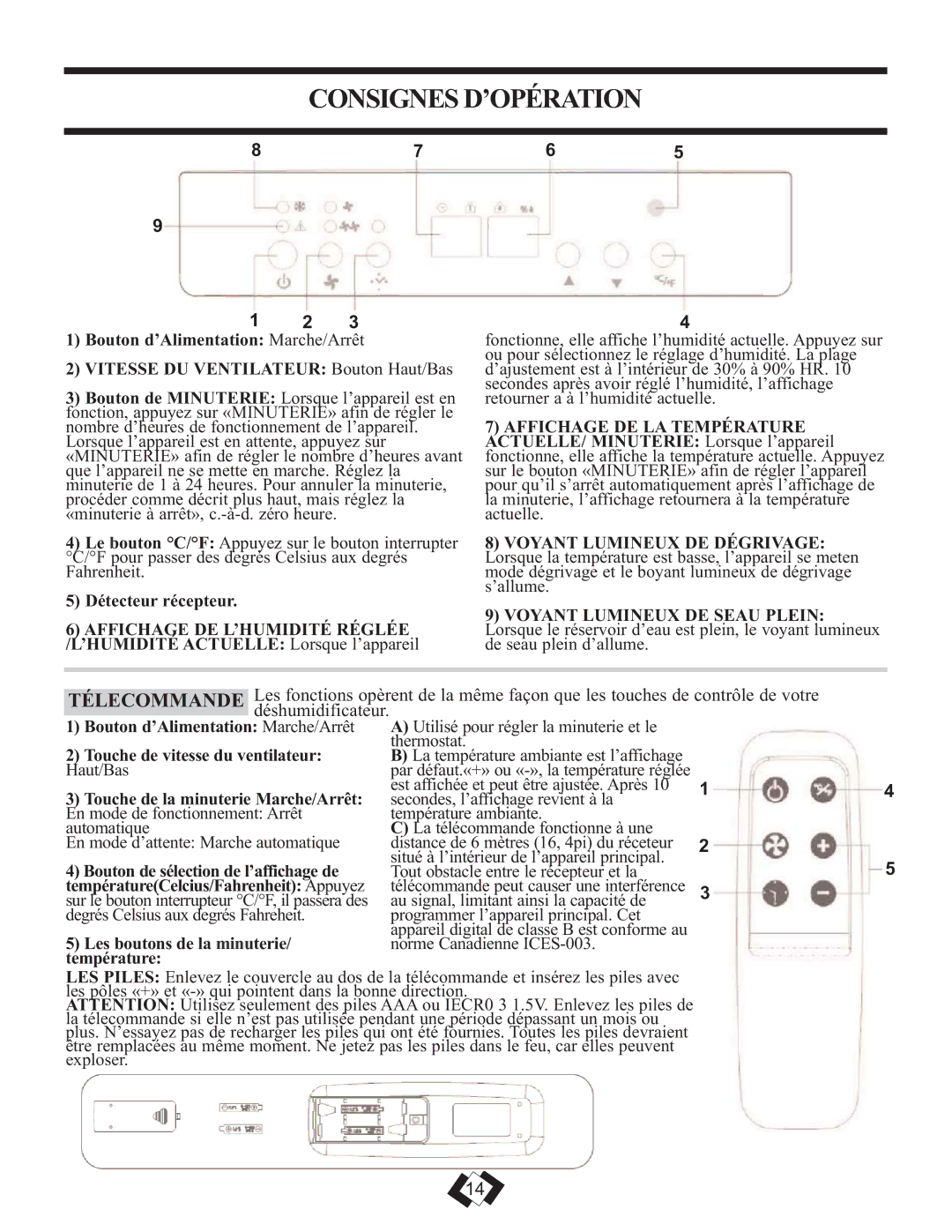 Danby DDR7009REE, DDR5009REE, DDR6009REE installation instructions Consignes D’OPÉRATION, Détecteur récepteur 