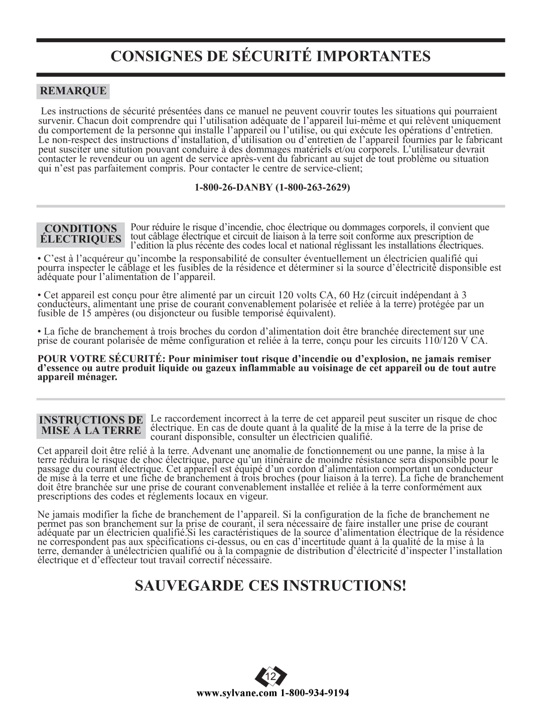 Danby DDR5009REE Consignes DE Sécurité Importantes, Sauvegarde CES Instructions, Remarque, Conditions, Électriques 