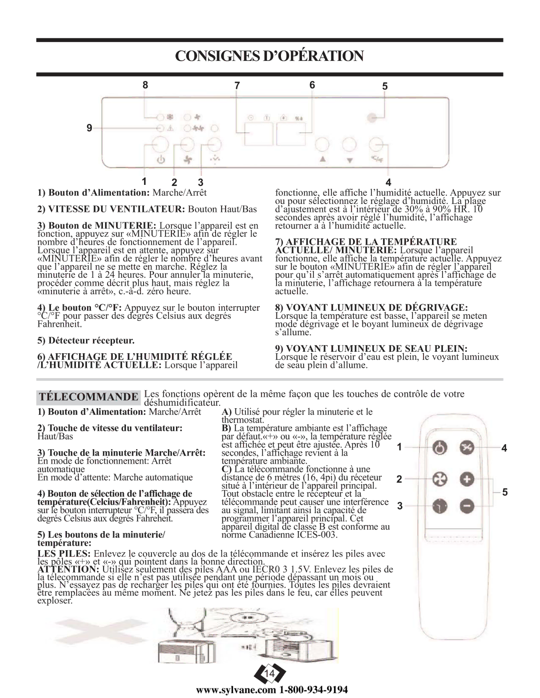 Danby DDR7009REE, DDR5009REE, DDR6009REE operating instructions Consignesd’Opération, Détecteur récepteur 