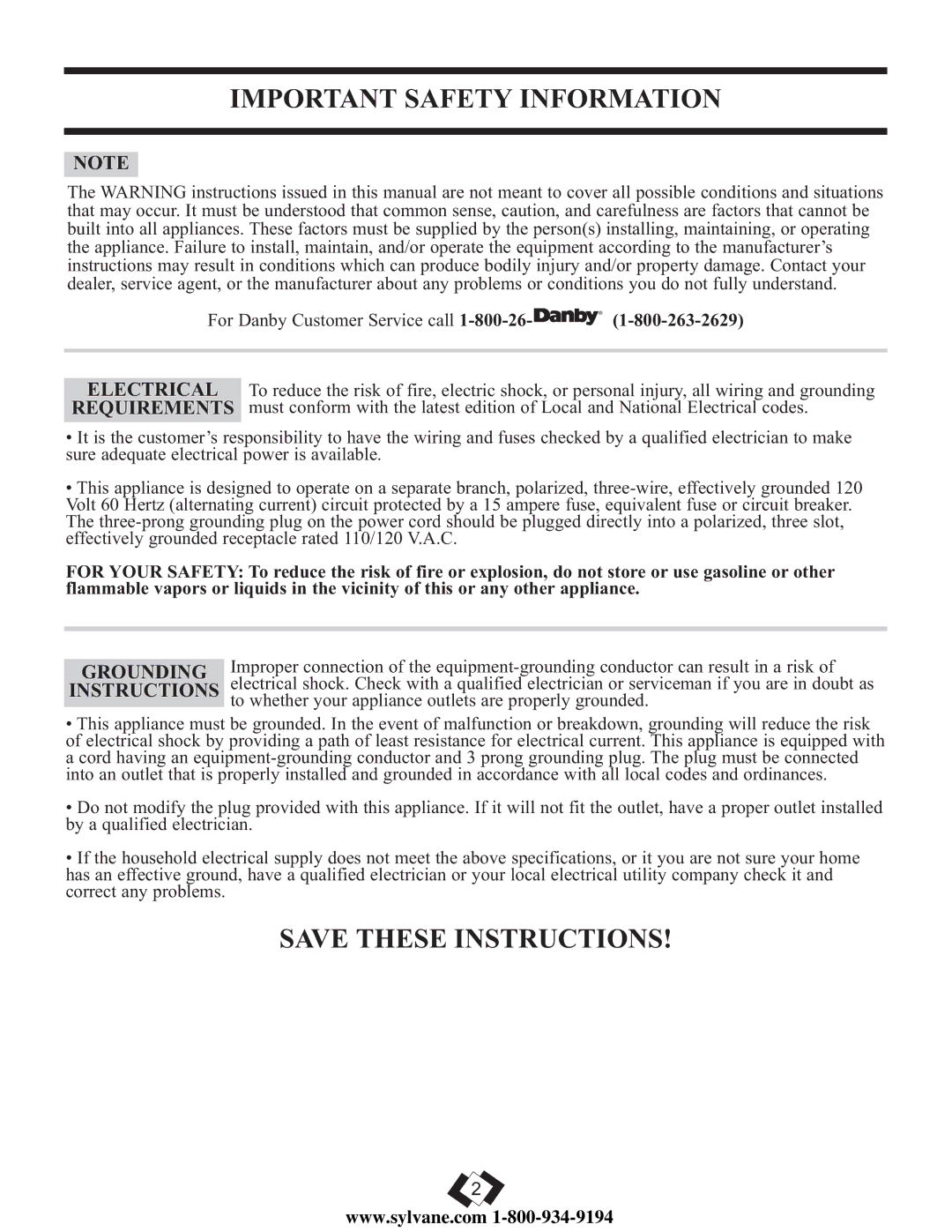 Danby DDR5009REE, DDR6009REE, DDR7009REE operating instructions Important Safety Information, Grounding, Instructions 