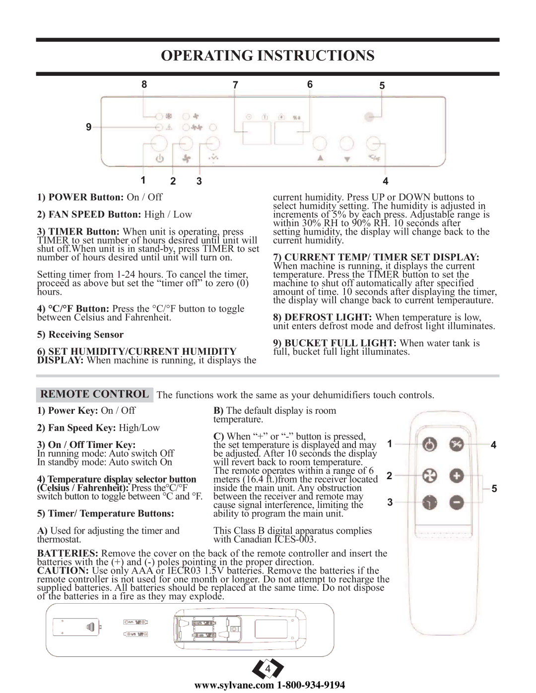 Danby DDR7009REE Operating Instructions, Power Button On / Off FAN Speed Button High / Low, Timer/ Temperature Buttons 