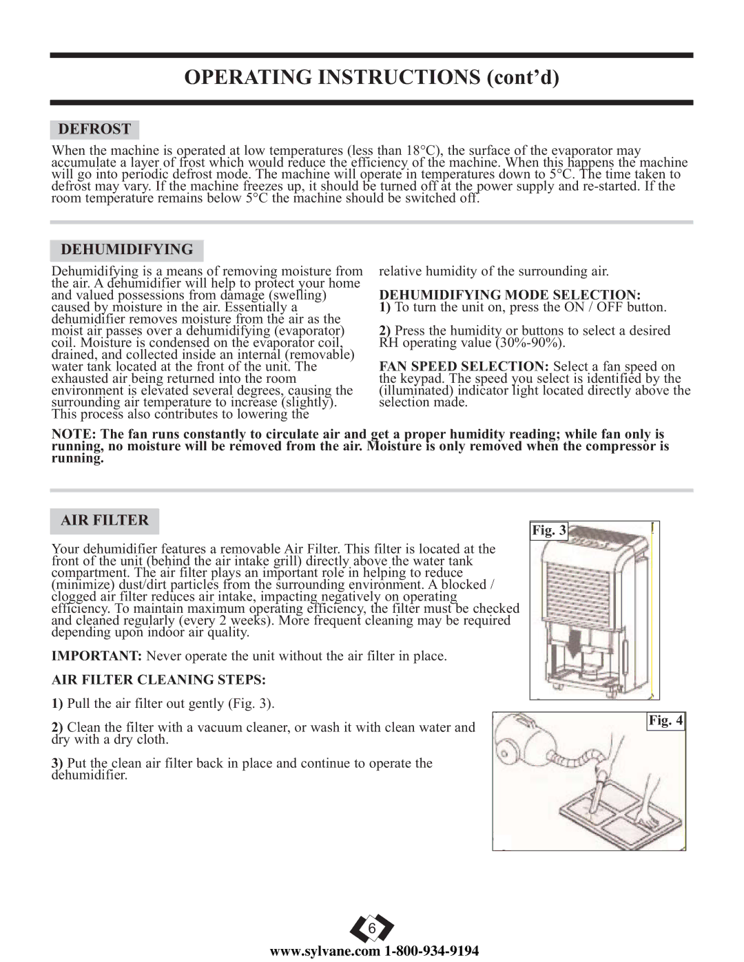 Danby DDR6009REE, DDR5009REE, DDR7009REE Defrost, Dehumidifying Mode Selection, AIR Filter Cleaning Steps 