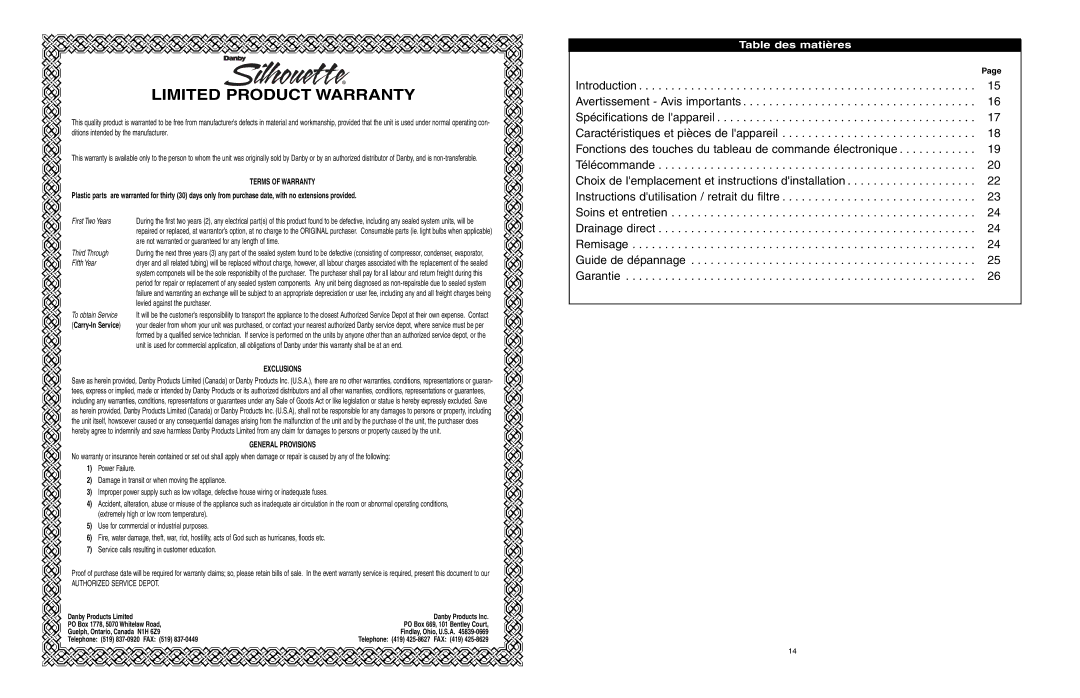 Danby DDR556RH owner manual Limited Product Warranty, Table des matières 