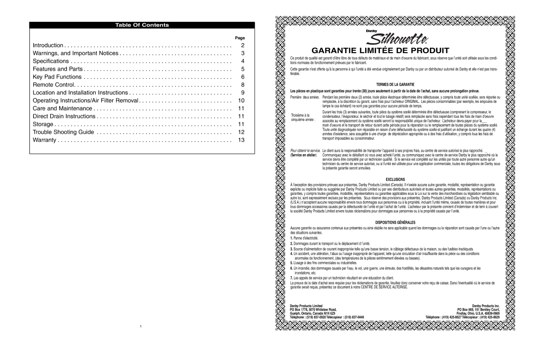 Danby DDR556RH owner manual Garantie Limitée DE Produit, Table Of Contents 