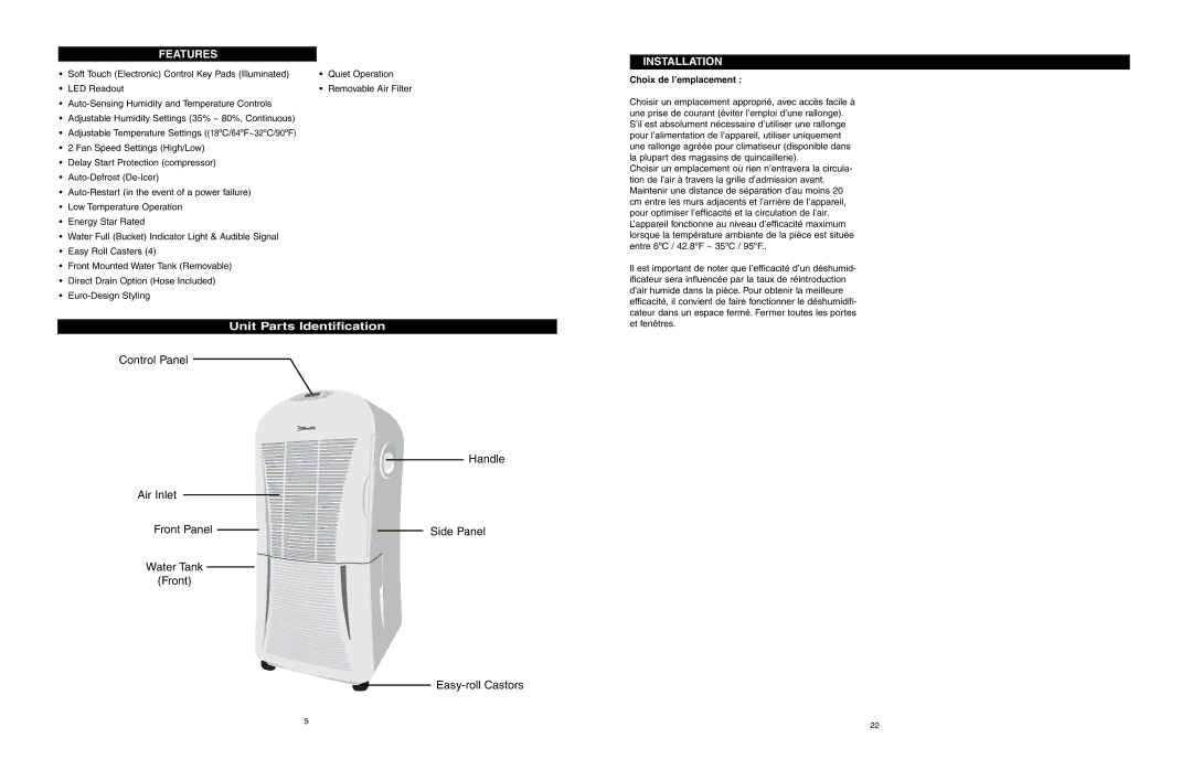 Danby DDR556RH owner manual Unit Parts Identification, Features, Installation, Choix de l’emplacement 