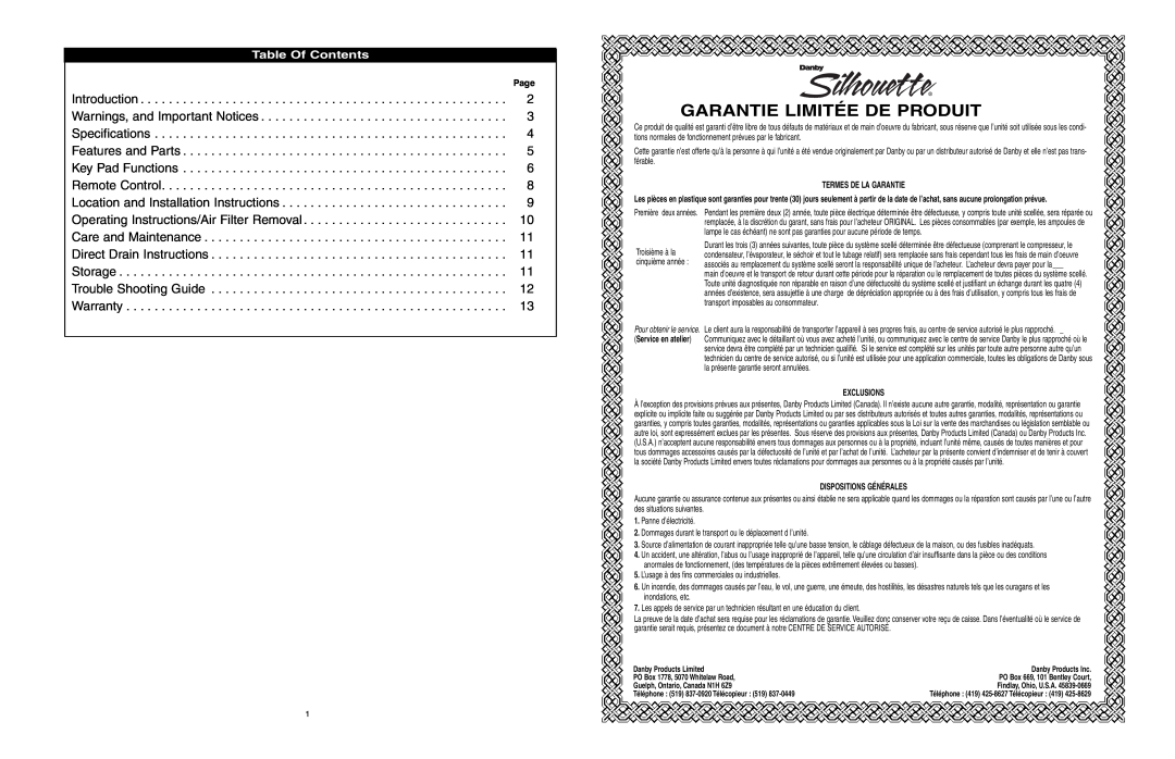 Danby DDR556RH owner manual Garantie Limitée De Produit, Table Of Contents 