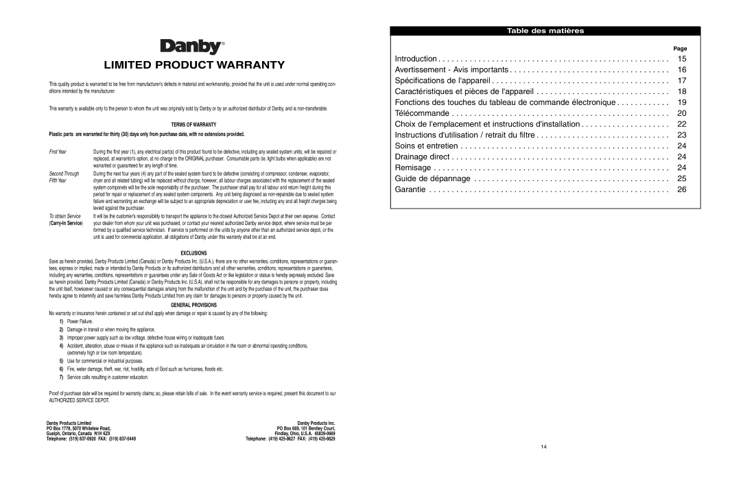 Danby DDR586R owner manual Limited Product Warranty, Table des matières 