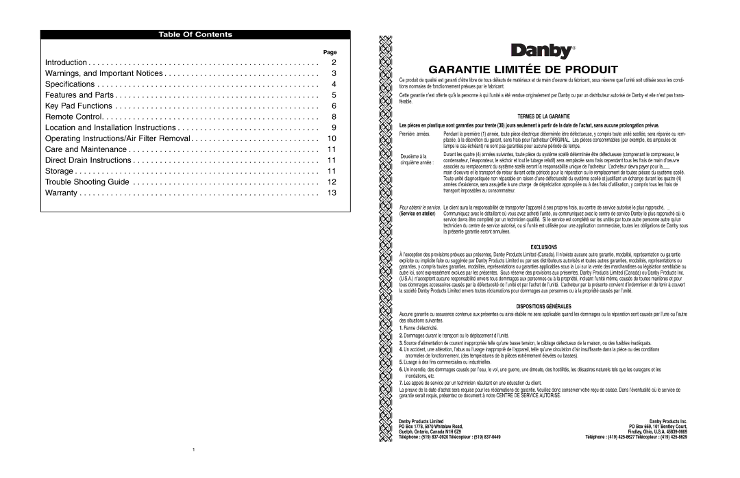 Danby DDR586R owner manual Garantie Limitée DE Produit, Table Of Contents 