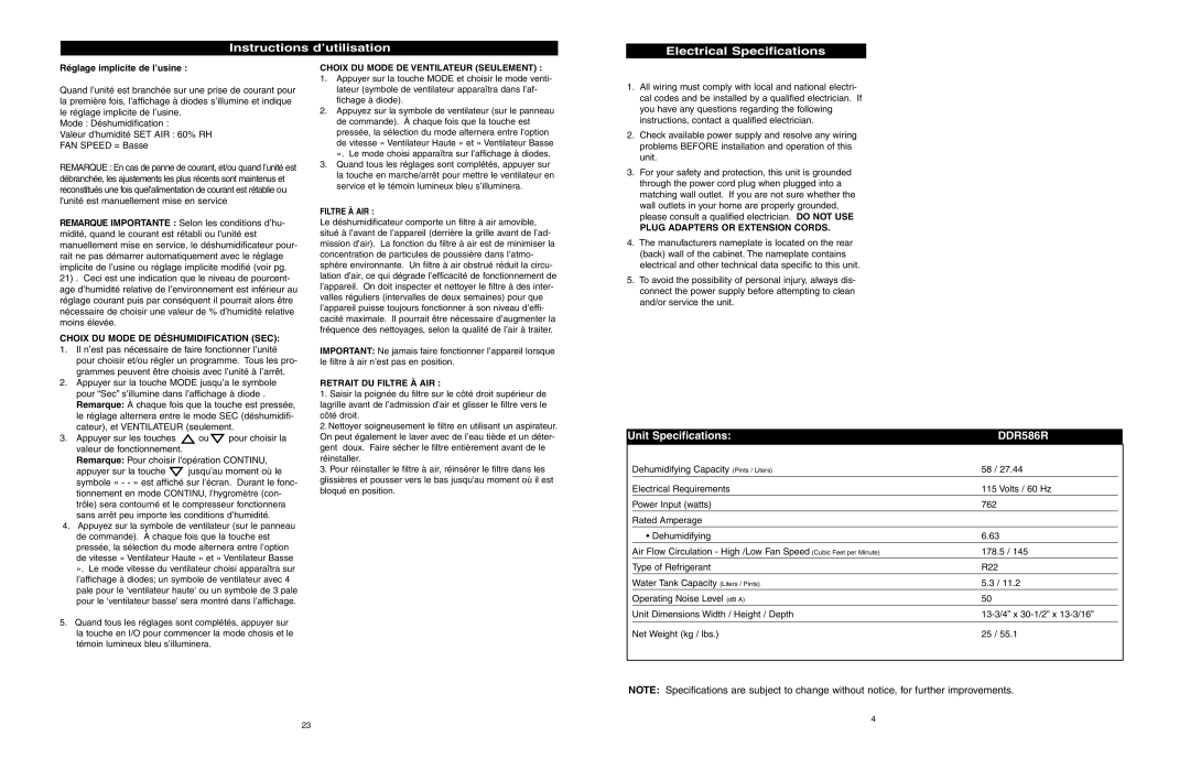 Danby DDR586R owner manual Instructions d’utilisation Electrical Specifications, Réglage implicite de l’usine 