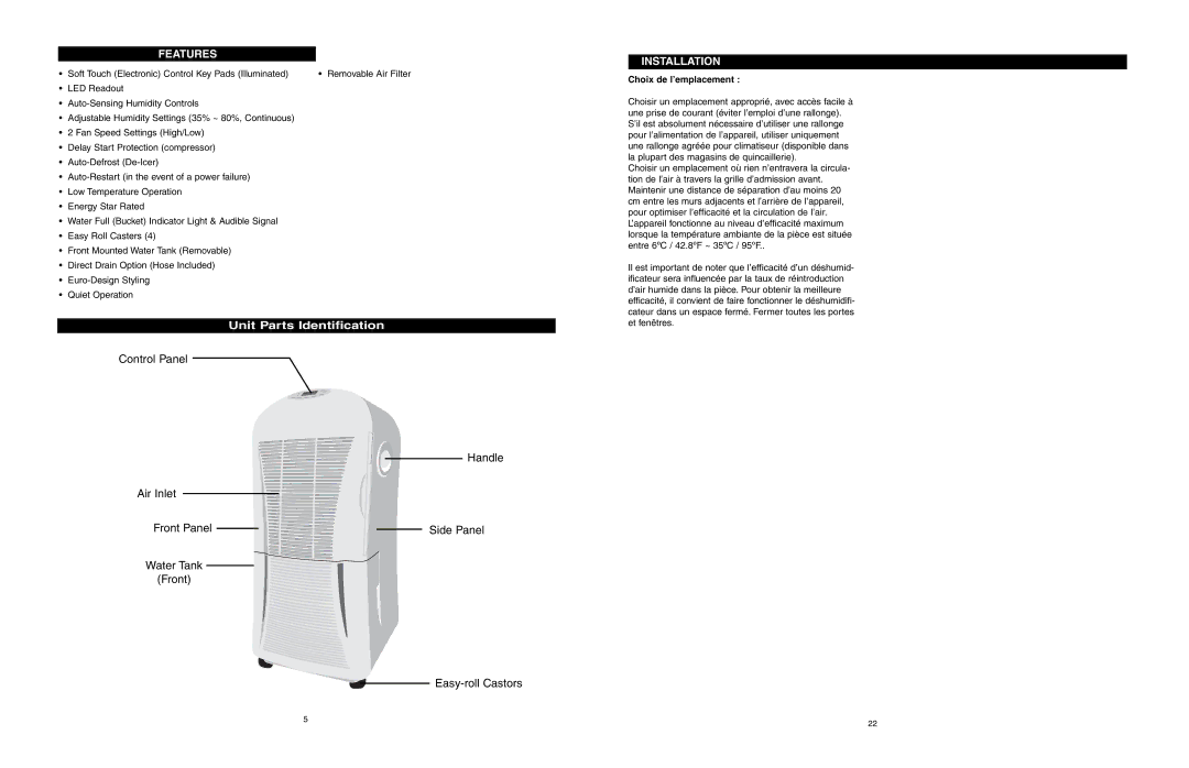 Danby DDR586R owner manual Unit Parts Identification, Features, Installation, Choix de l’emplacement 