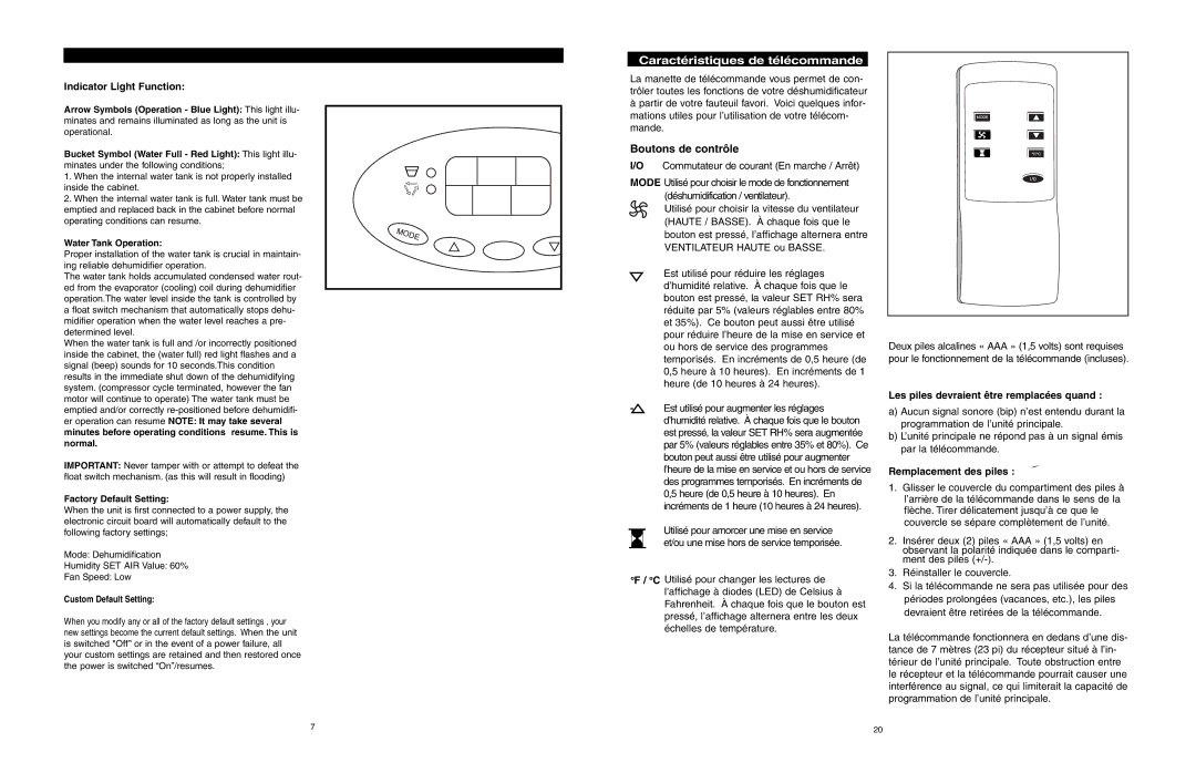 Danby DDR586R Caractéristiques de télécommande, Indicator Light Function, Les piles devraient être remplacées quand 