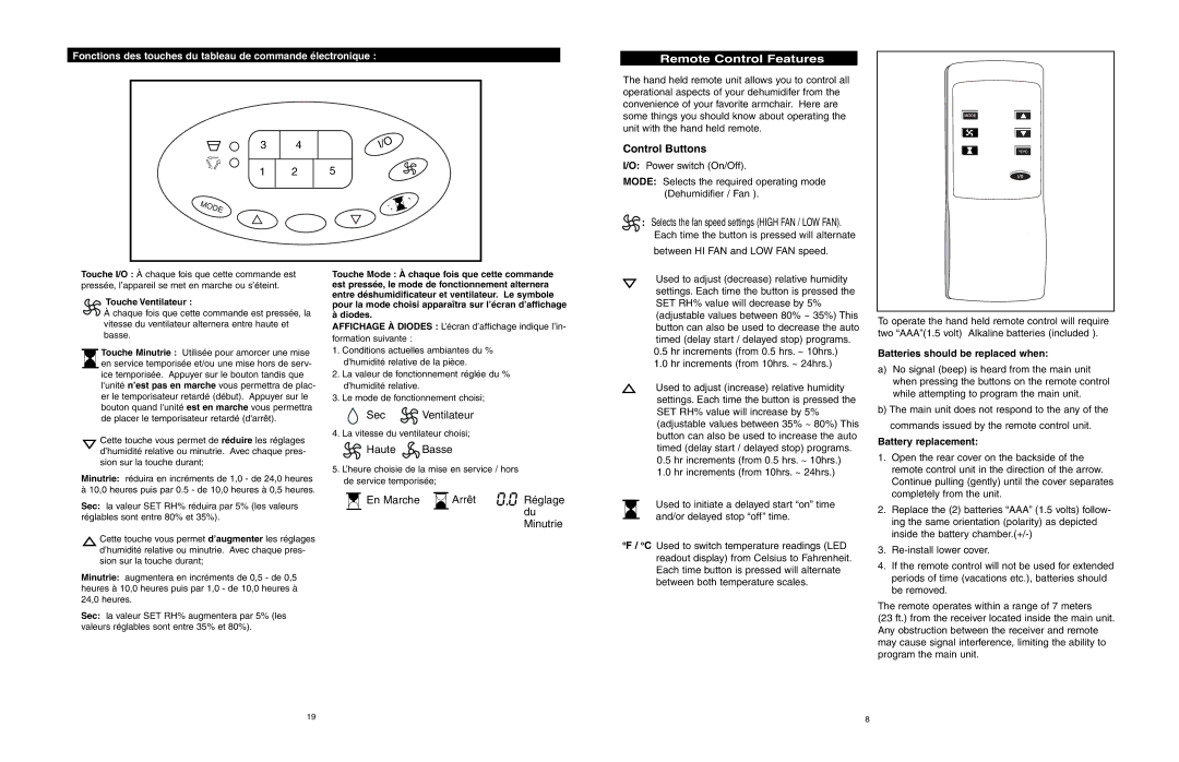 Danby DDR586R Remote Control Features, Batteries should be replaced when, Battery replacement, Touche Ventilateur 