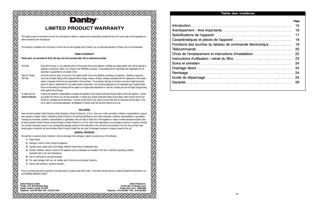 Danby DDR586R owner manual Limited Product Warranty, Table des matières, Page, First Year, Second Through, Fifth Year 