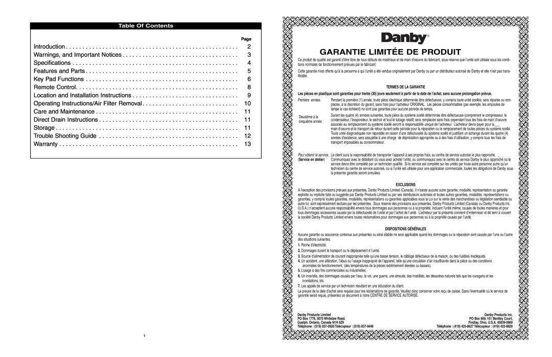 Danby DDR586R owner manual Garantie Limitée De Produit, Table Of Contents 