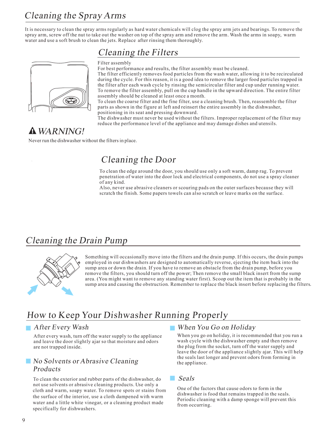 Danby DDW1805W instruction manual Cleaning the Filters, Cleaning the Drain Pump, After Every Wash, Seals 