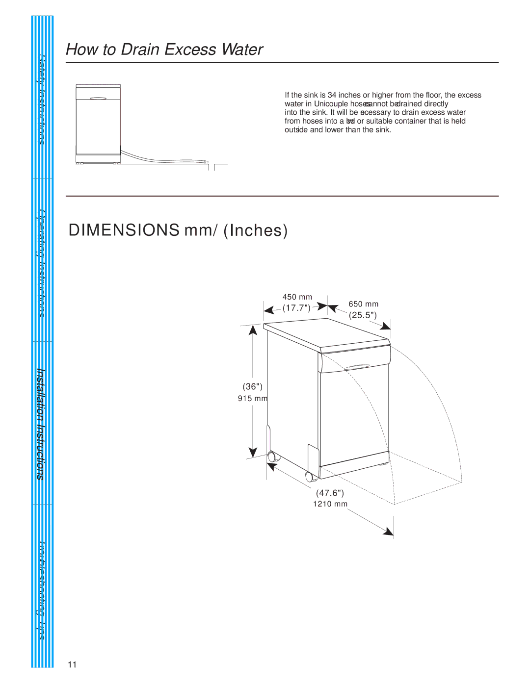 Danby DDW1805W instruction manual How to Drain Excess Water, Installation Instructions Troubleshooting Tips 