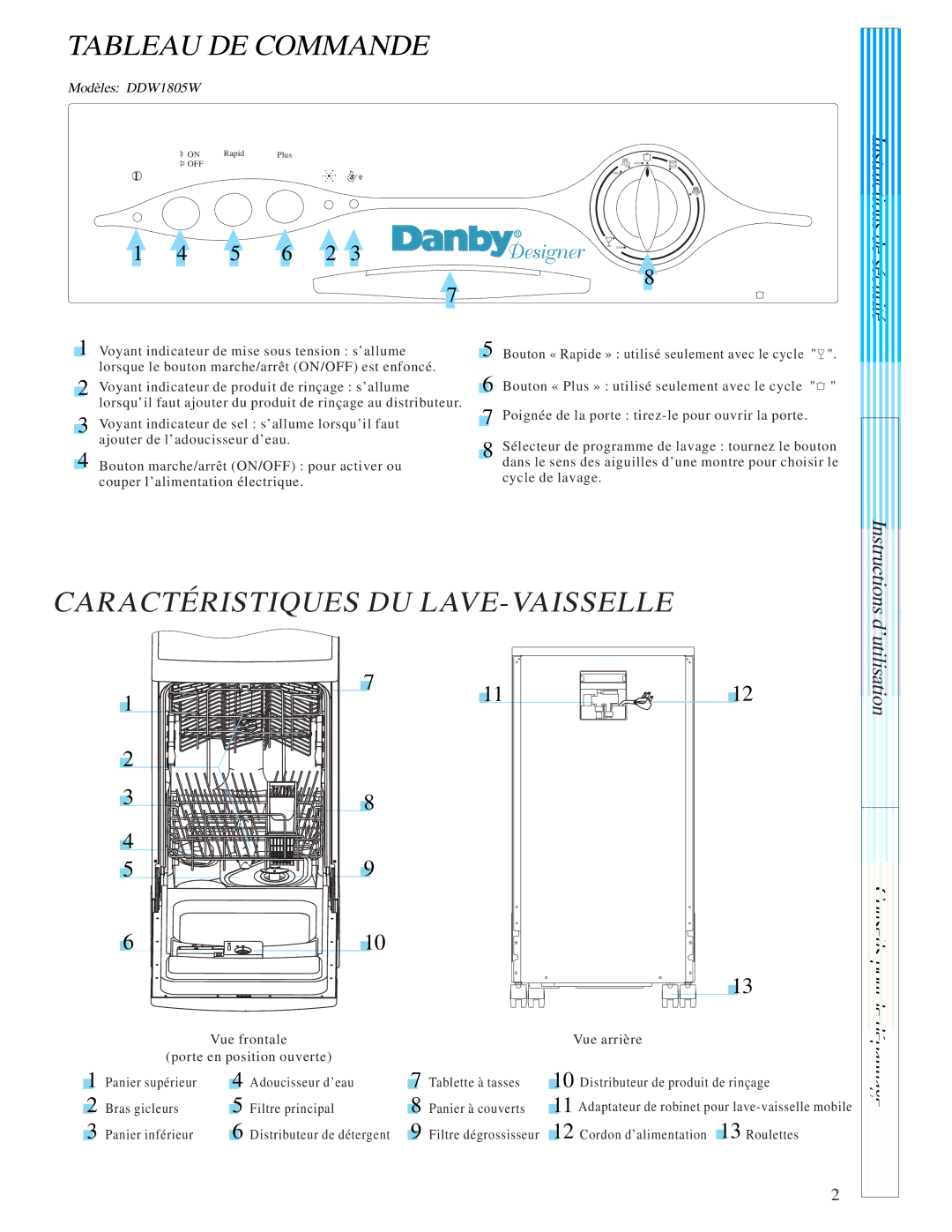 Danby DDW1805W instruction manual Tableau DE Commande, Caractéristiques DU LAVE-VAISSELLE 