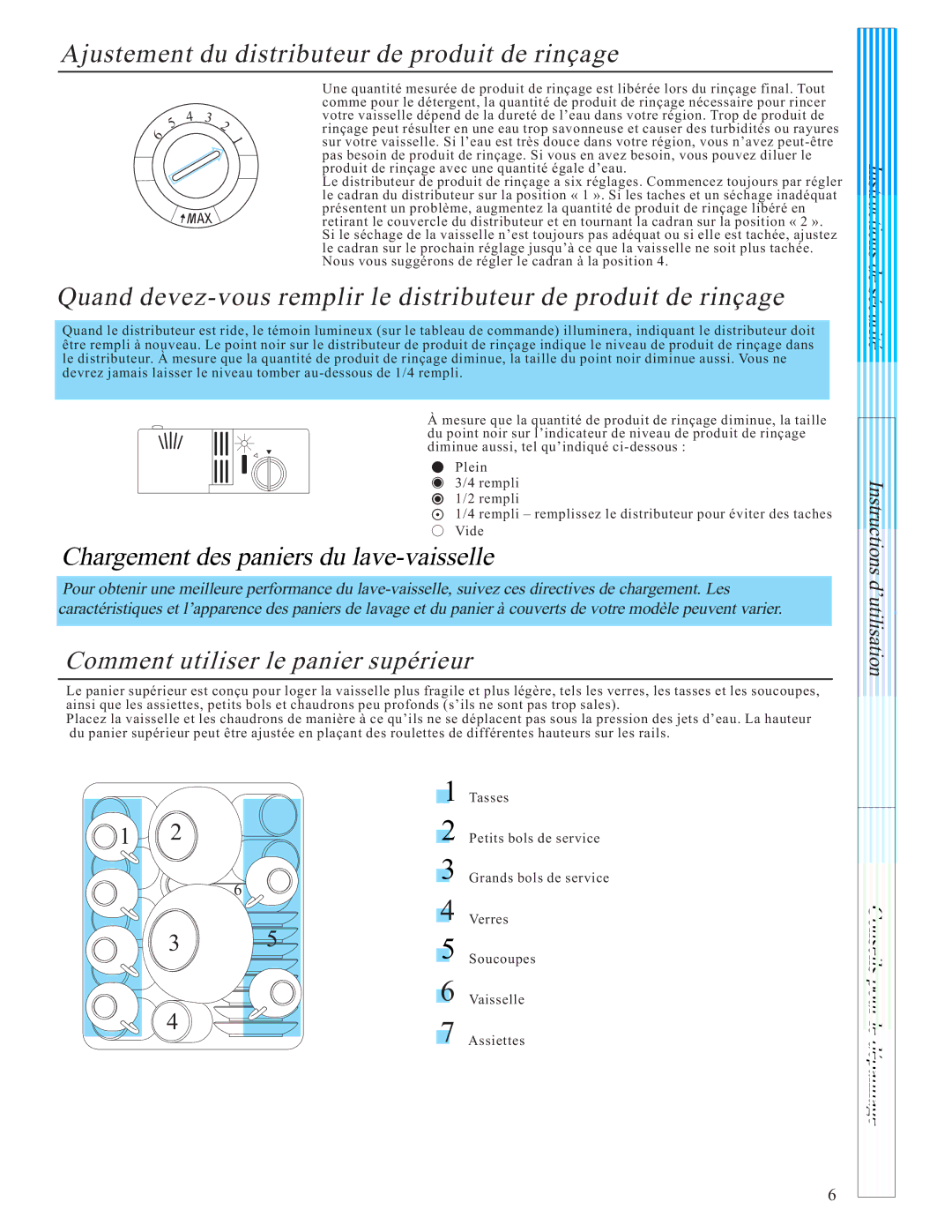 Danby DDW1805W Ajustement du distributeur de produit de rinçage, Chargement des paniers du lave-vaisselle 