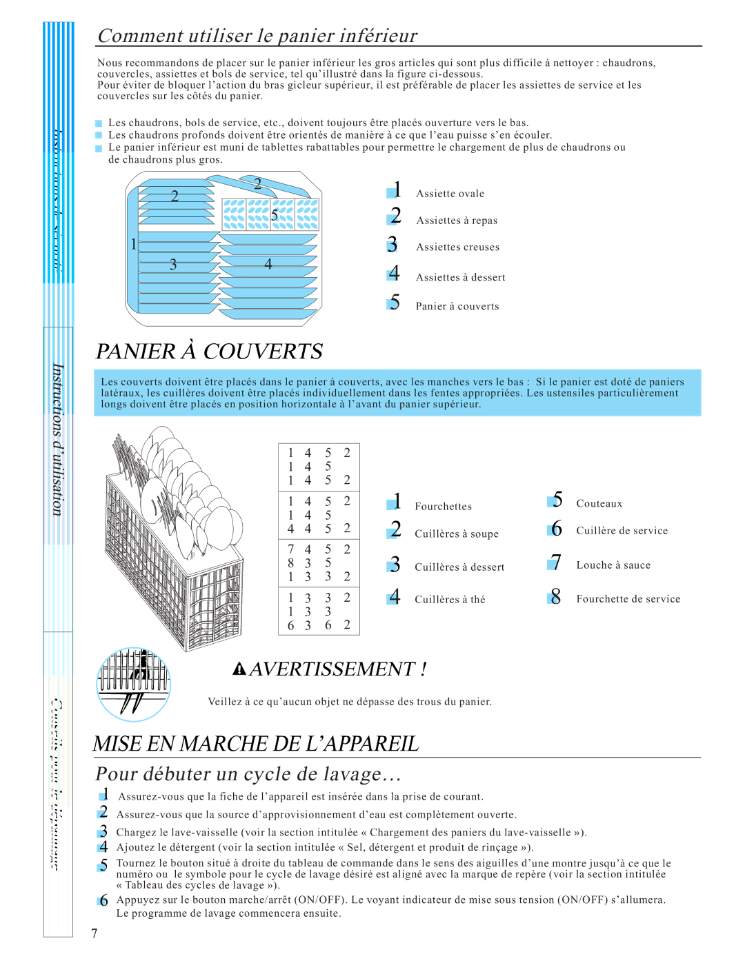 Danby DDW1805W instruction manual Panier À Couverts, Mise EN Marche DE L’APPAREIL, Comment utiliser le panier inférieur 