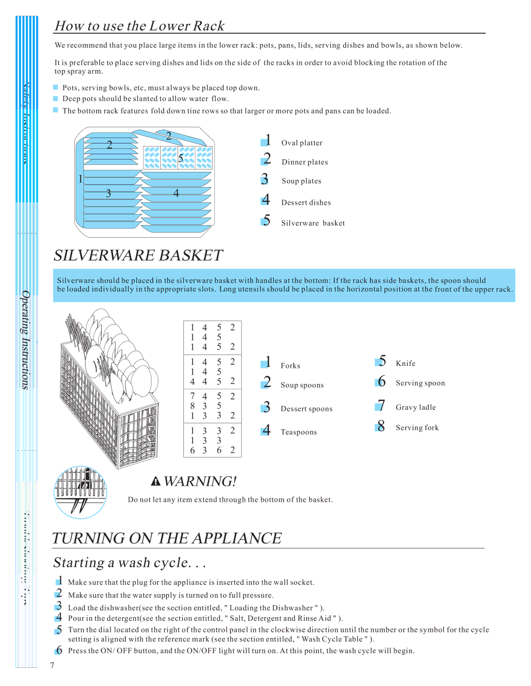 Danby DDW1805W Silverware Basket, Turning on the Appliance, How to use the Lower Rack, Starting a wash cycle 