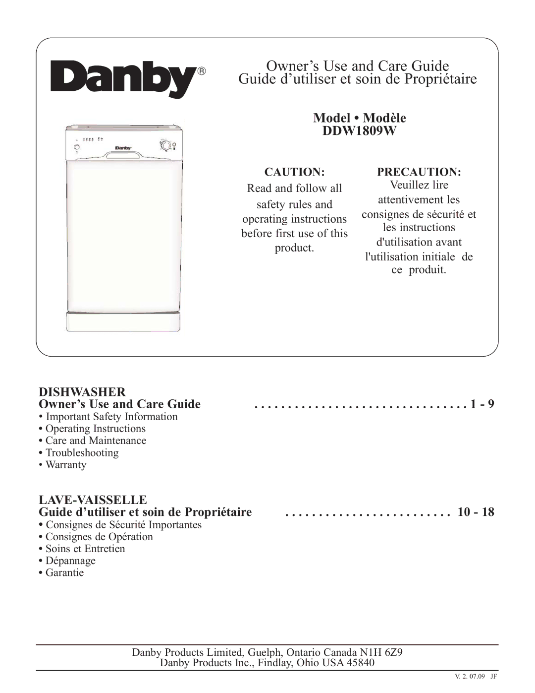 Danby operating instructions Model Modèle DDW1809W 