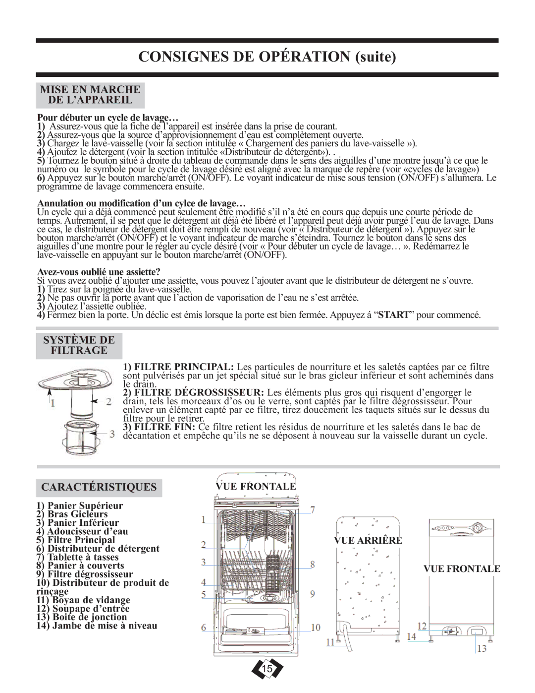 Danby DDW1809W operating instructions Mise EN Marche DE L’APPAREIL, Système DE Filtrage, Caractéristiques, VUE Frontale 