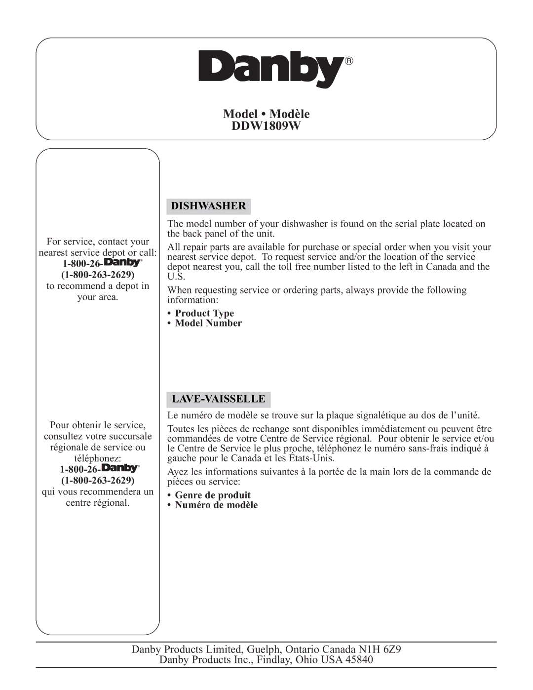 Danby DDW1809W operating instructions 800-26, Product Type Model Number, Genre de produit Numéro de modèle 