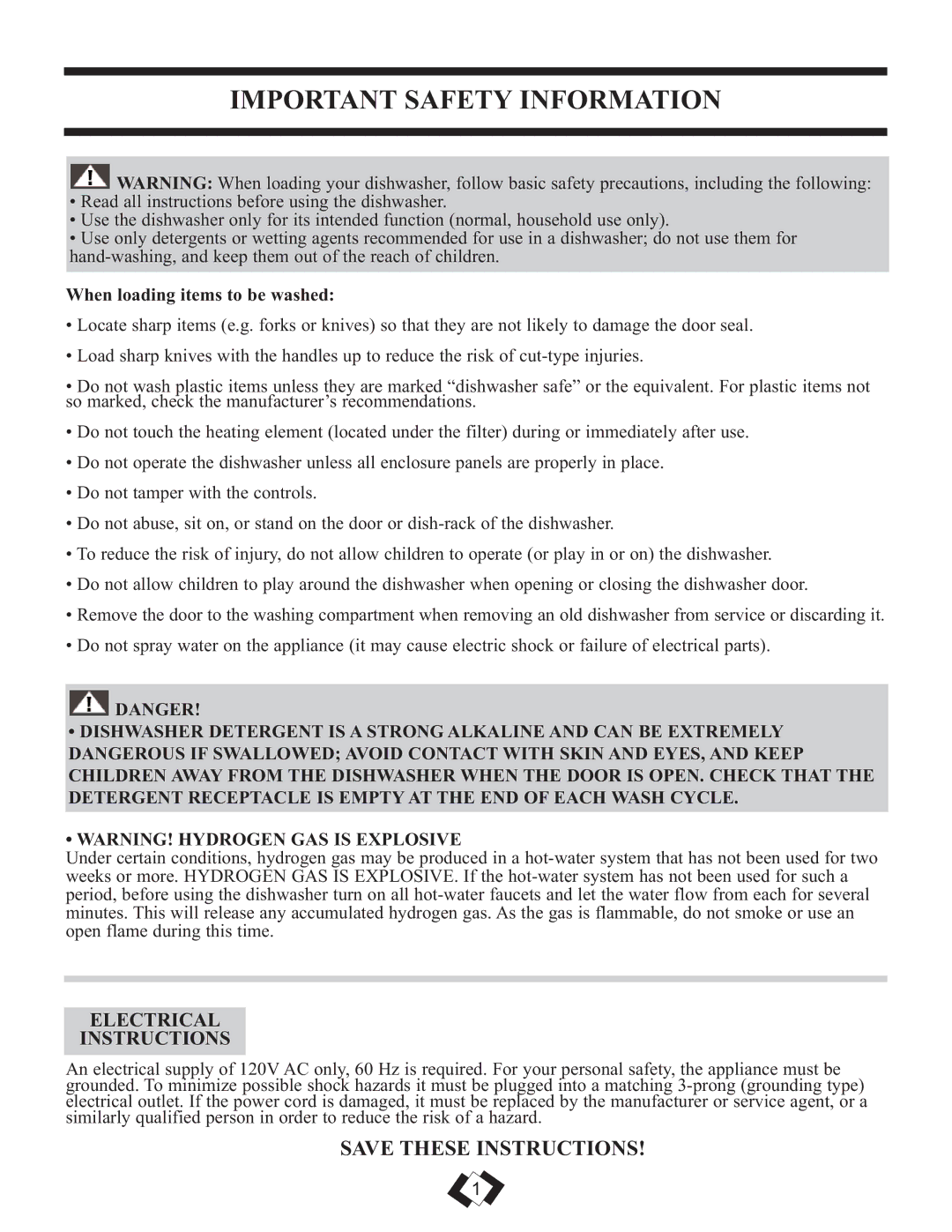 Danby DDW1809W Important Safety Information, Electrical Instructions, When loading items to be washed 