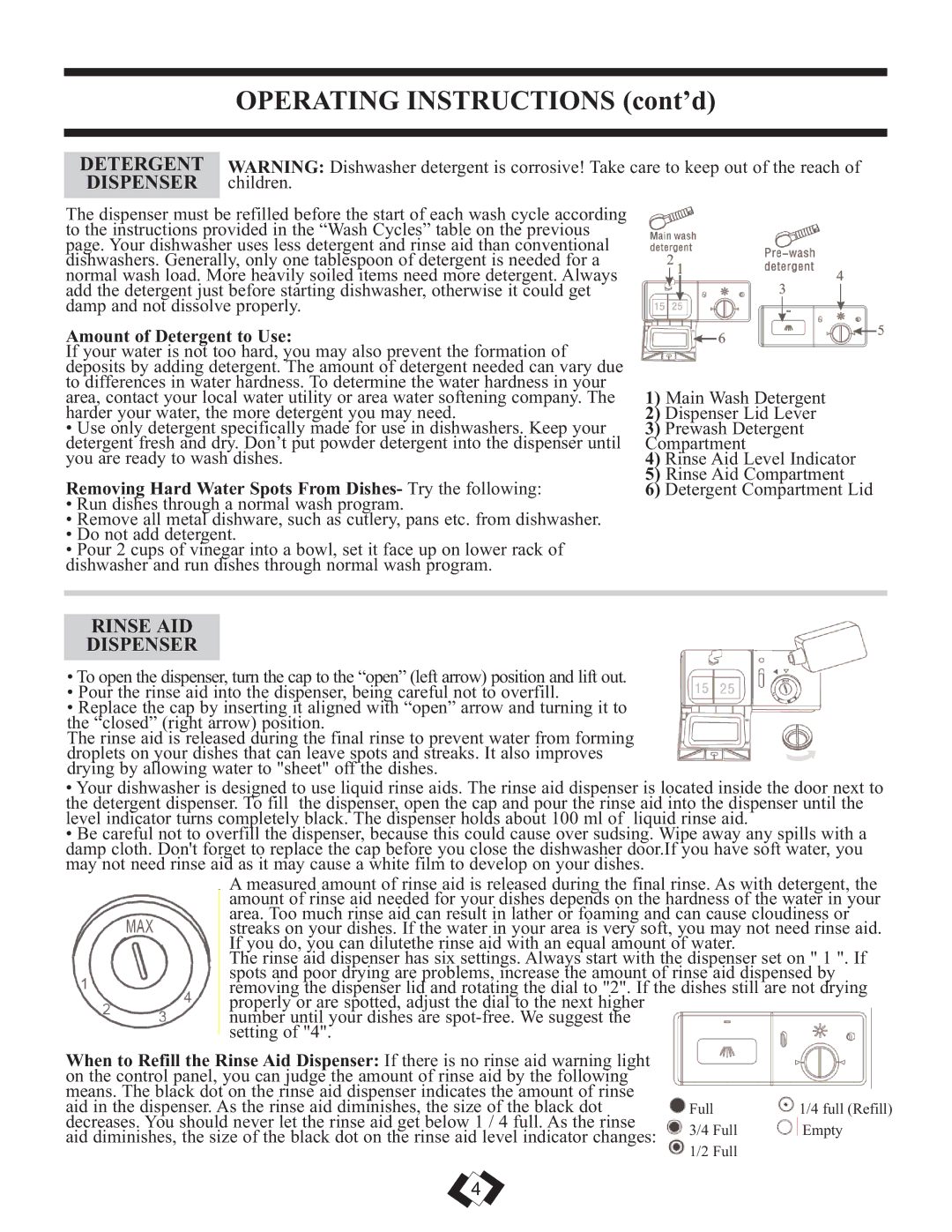 Danby DDW1809W operating instructions Operating Instructions cont’d, Detergent Dispenser, Rinse AID Dispenser 