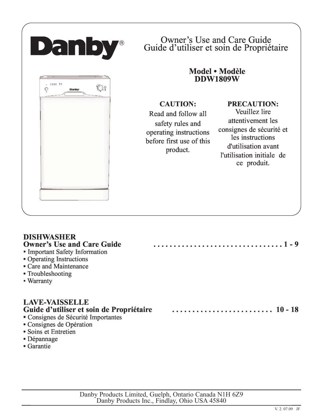 Danby DDW1809W operating instructions Dishwasher, Owner’s Use and Care Guide, Lave-Vaisselle, Precaution 