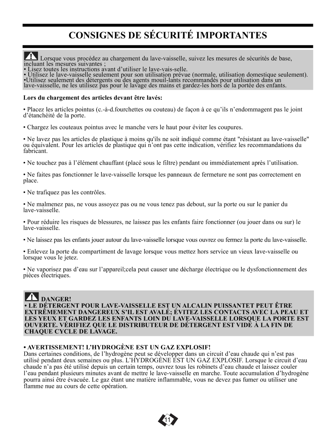 Danby DDW1899BLS-1 warranty Consignes DE Sécurité Importantes, Lors du chargement des articles devant être lavés 