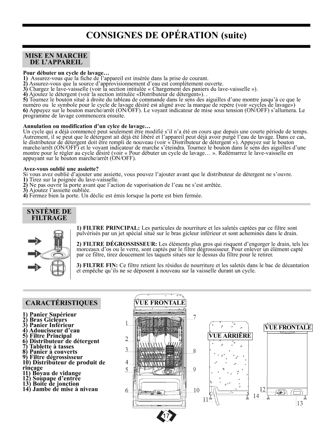 Danby DDW1899BLS-1 warranty Mise EN Marche DE L’APPAREIL, Système DE Filtrage, Caractéristiques 