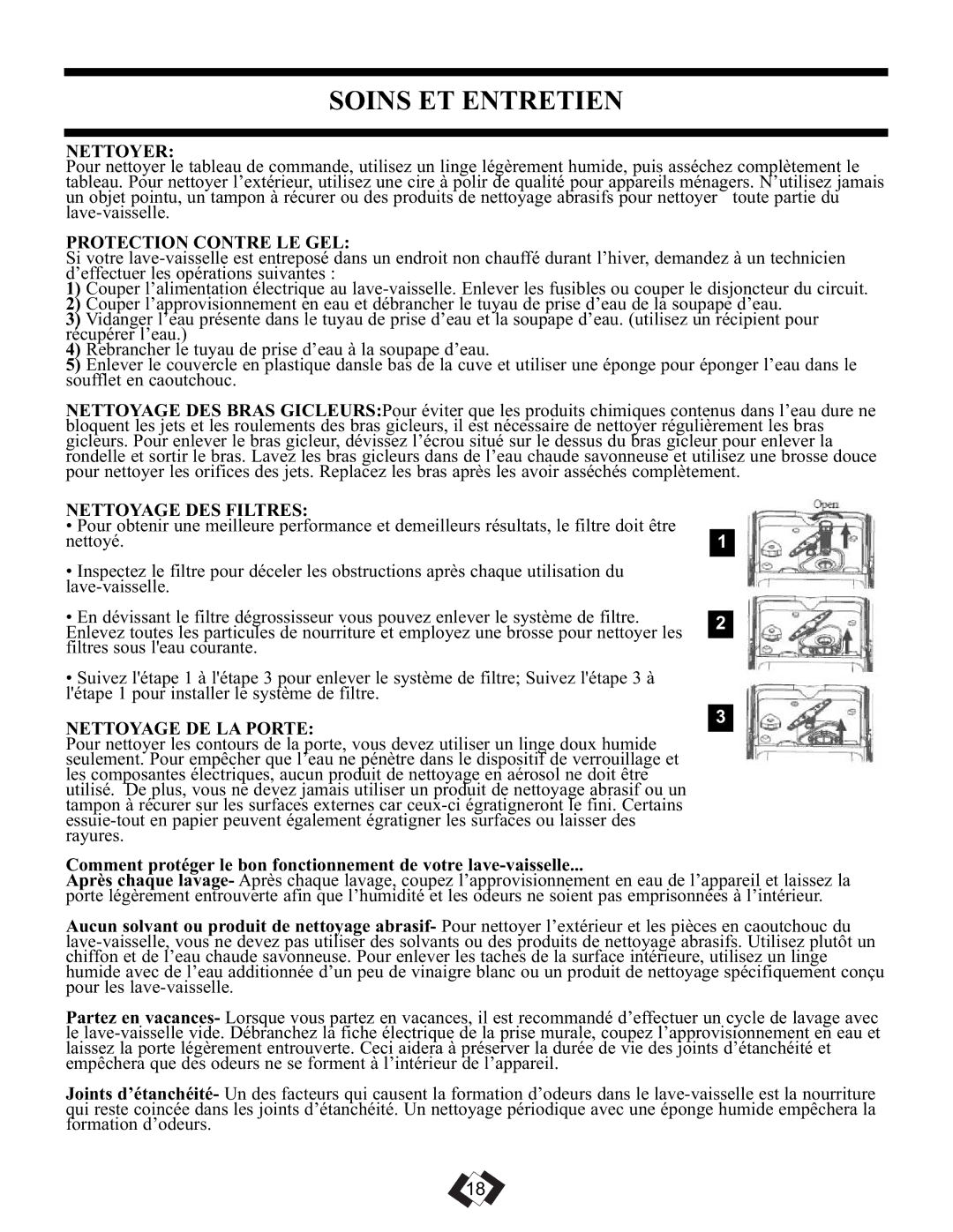 Danby DDW1899BLS-1 Soins ET Entretien, Nettoyer, Protection Contre LE GEL, Nettoyage DES Filtres, Nettoyage DE LA Porte 