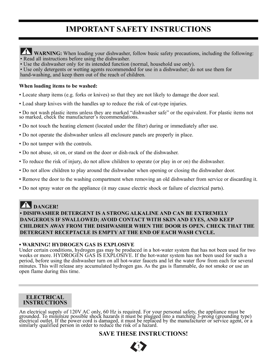 Danby DDW1899BLS-1 warranty Important Safety Instructions, Electrical Instructions, When loading items to be washed 