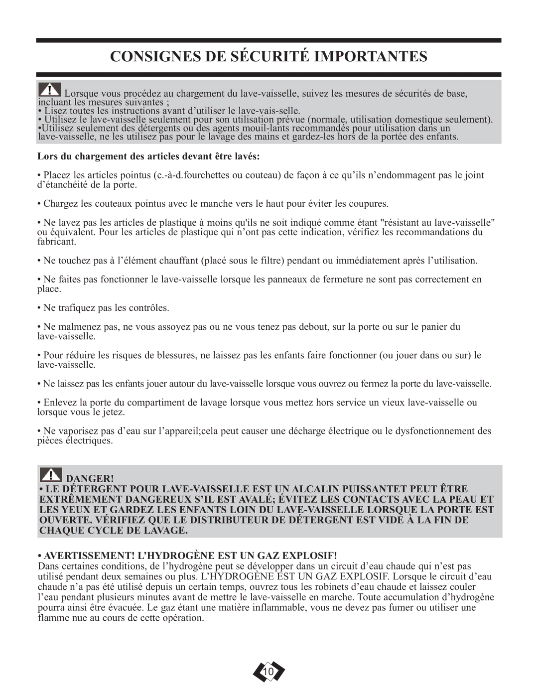 Danby DDW1899BLS warranty Consignes DE Sécurité Importantes, Lors du chargement des articles devant être lavés 