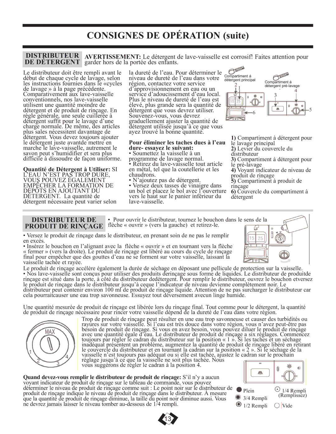 Danby DDW1899BLS warranty Consignes DE Opération suite, Quantité de Détergent à Utiliser SI 