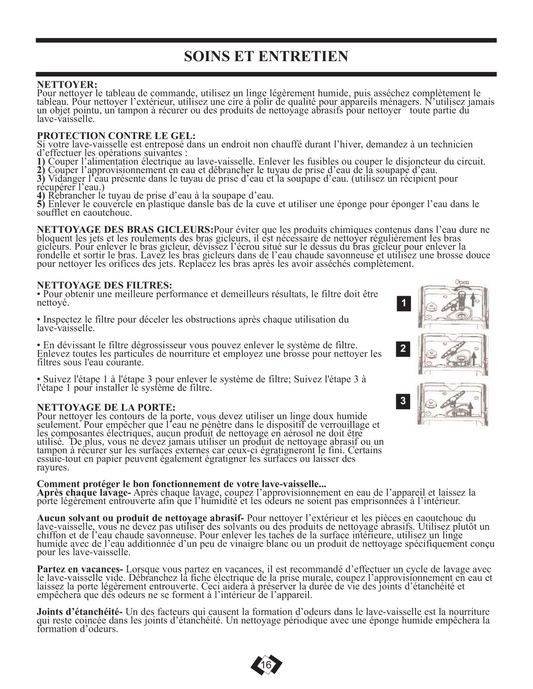 Danby DDW1899BLS Soins ET Entretien, Nettoyer, Protection Contre LE GEL, Nettoyage DES Filtres, Nettoyage DE LA Porte 