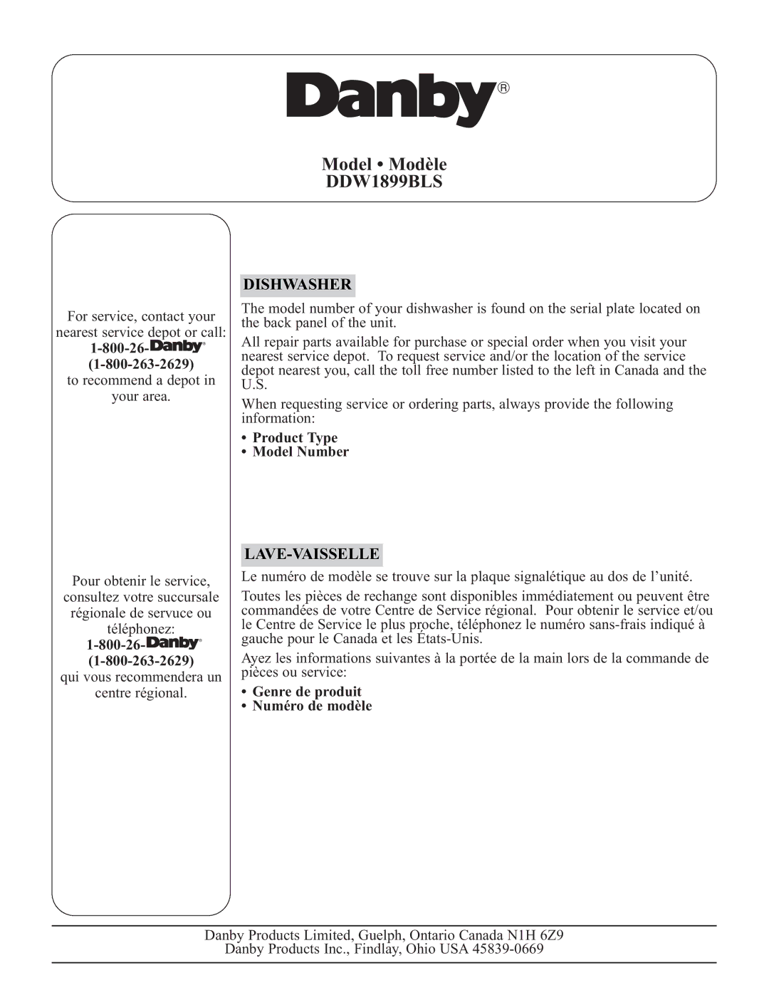 Danby DDW1899BLS warranty 800-26, Product Type Model Number, Genre de produit Numéro de modèle 