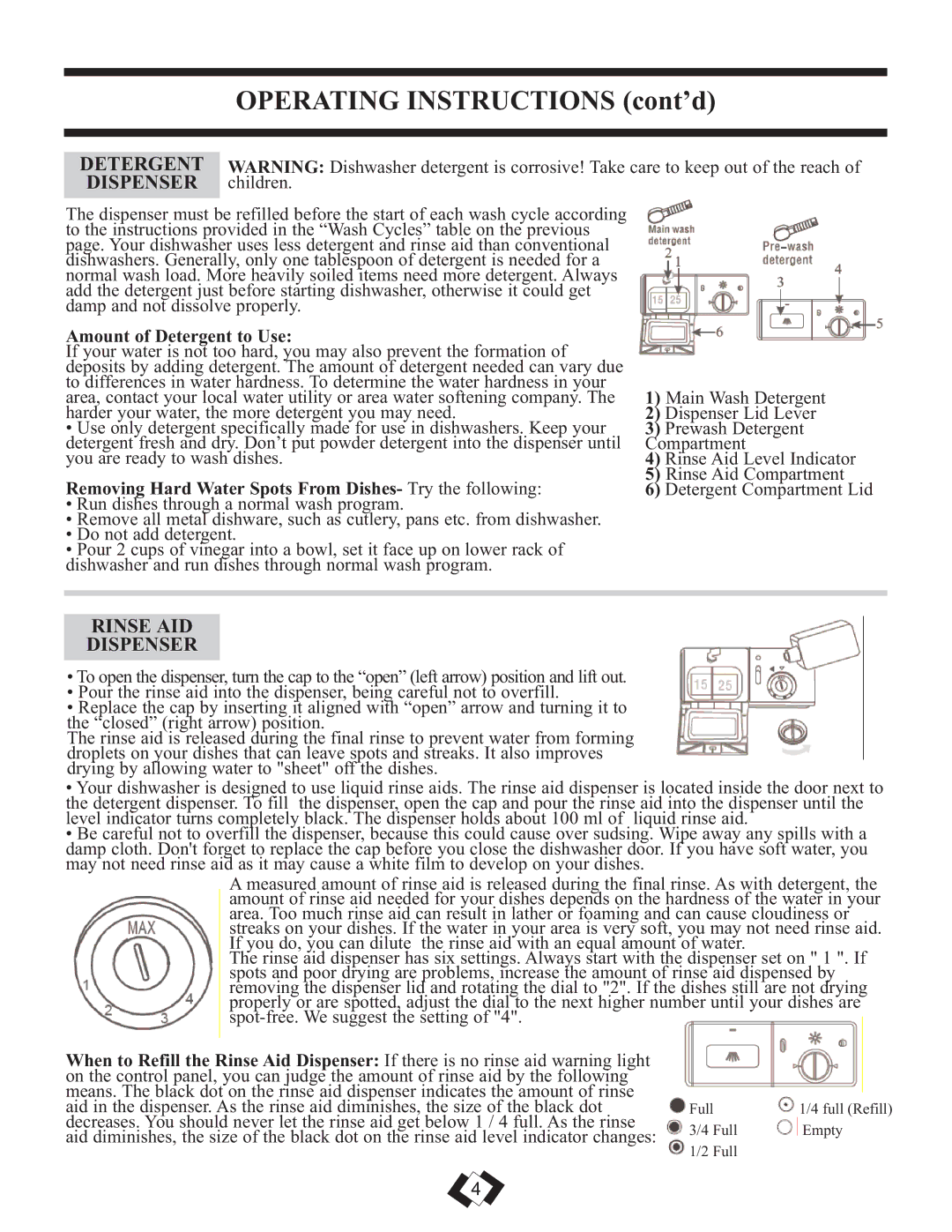 Danby DDW1899BLS warranty Operating Instructions cont’d, Detergent Dispenser, Rinse AID Dispenser 