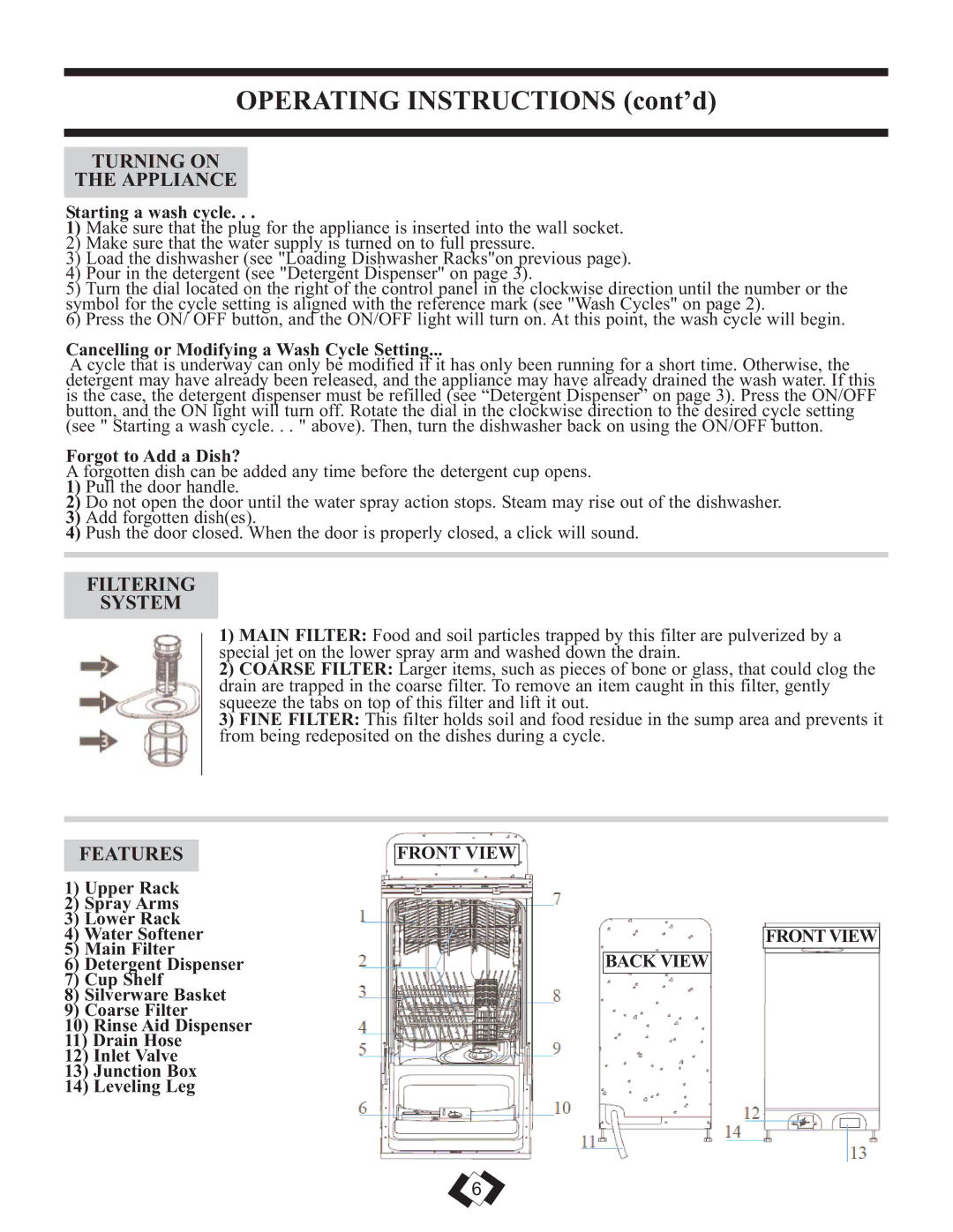 Danby DDW1899BLS warranty Turning on Appliance, Filtering System, Features, Front View Frontview Back View 