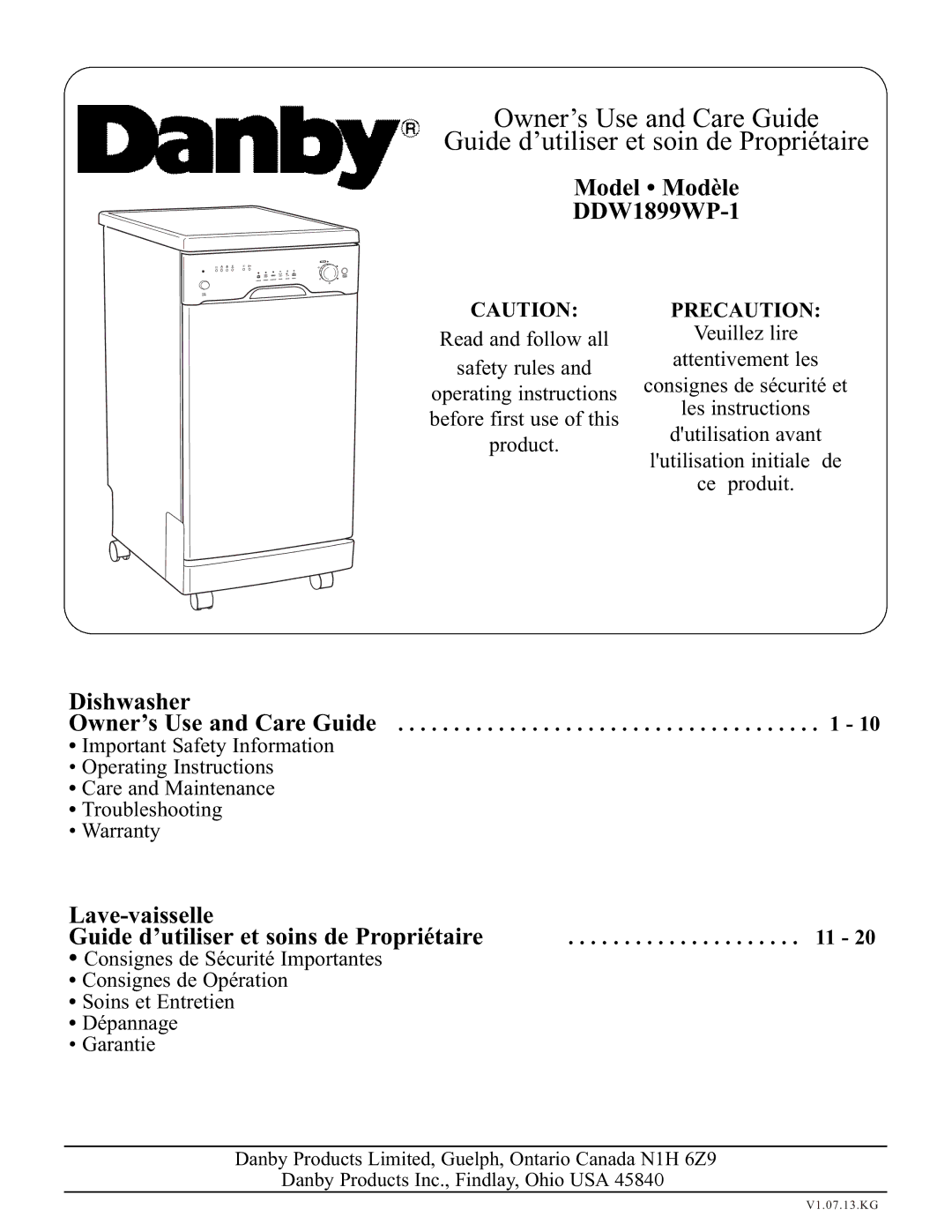 Danby operating instructions Model Modèle DDW1899WP-1 