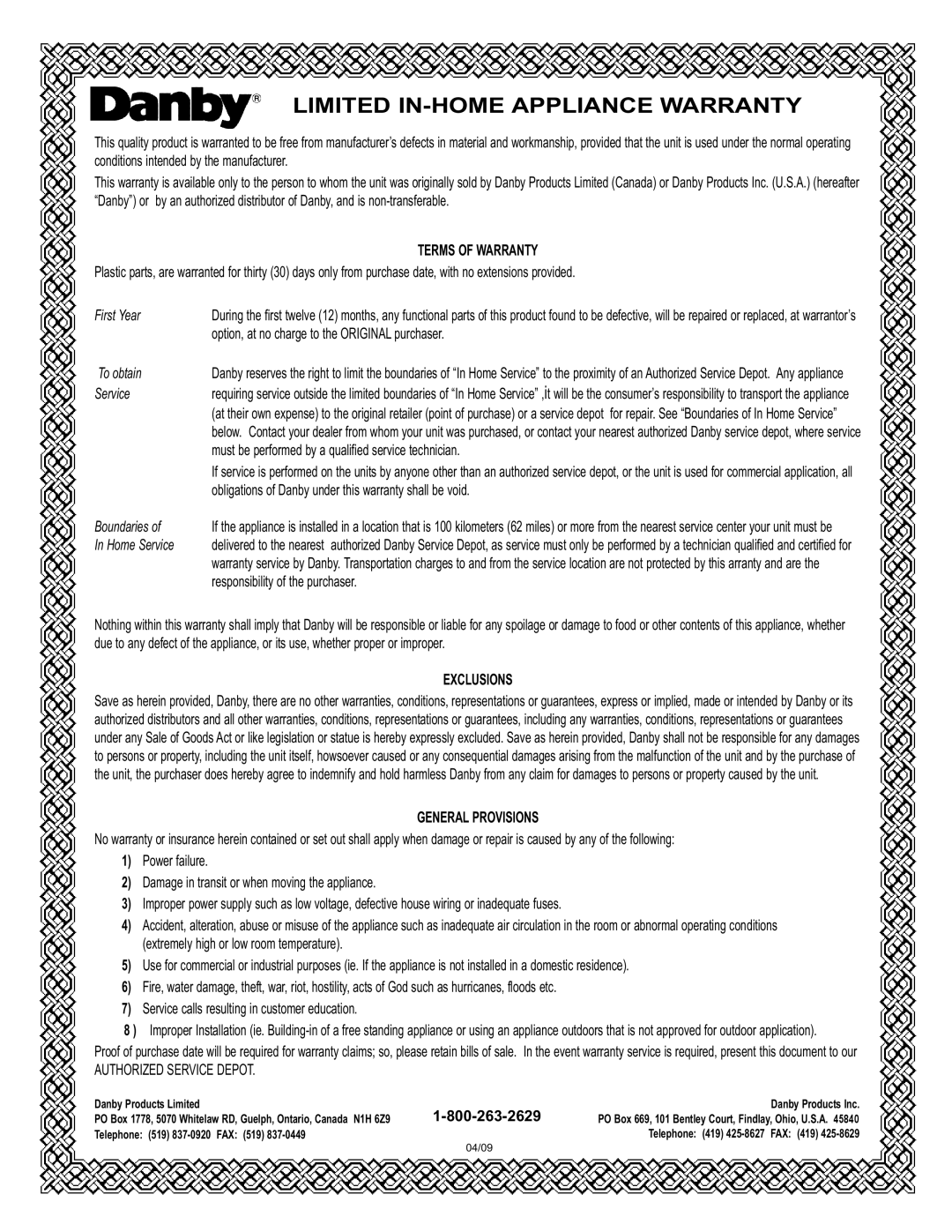 Danby DDW1899WP-1 operating instructions Limited IN-HOME Appliance Warranty 